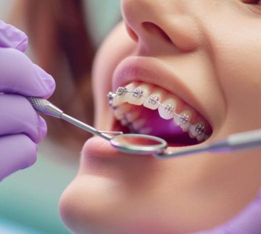 Close-up of orthodontic patient’s mouth during checkup