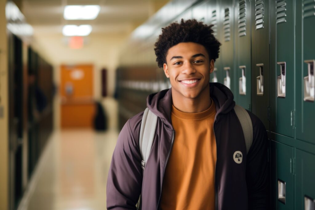 Teen smiling while leaning on lockers in hallway