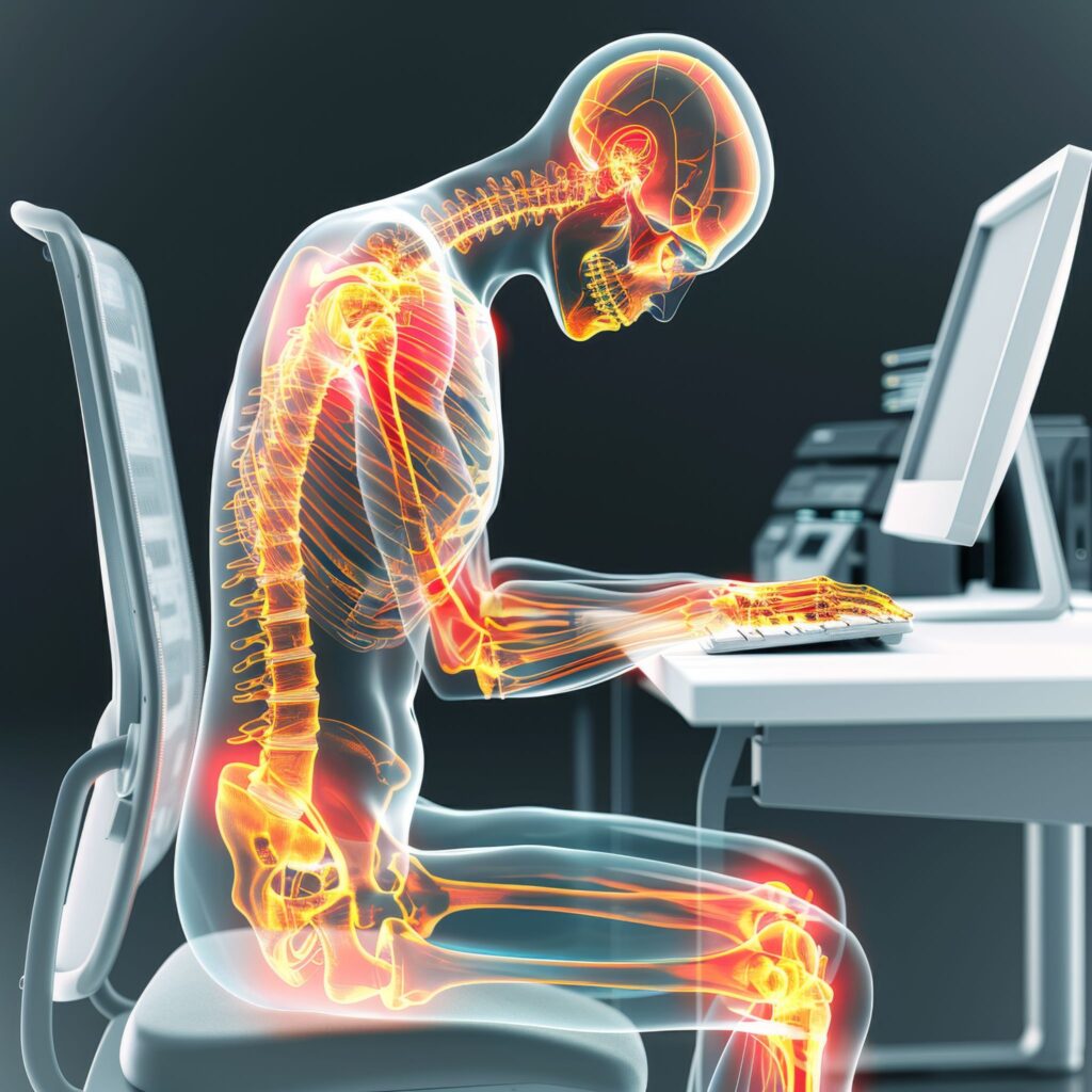 Illustrated human with hunched over computer with skeleton showing orange